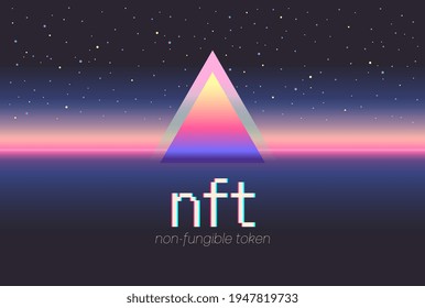 NFT non-fungible token. Text. Vector futuristic cryptography wallpaper. Retro wave, synthwave, rave, vapor, synth. Blue, black, pink purple color. Trendy vintage 80s, 90s style. Print, poster, banner