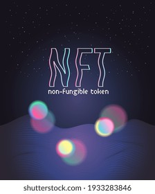 NFT non-fungible token. Vector futuristic cryptography wallpaper. Retro wave, synthwave, rave, vapor, cyber punk. Blue, black, pink purple color. Trendy vintage 80s, 90s style. Print, poster, banner