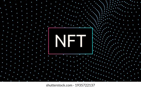 NFT non-fungible token. Vector futuristic cryptography wallpaper. Retro wave, synthwave, rave, vapor, cyber punk. Blue, black, pink purple color. Trendy vintage 80s, 90s style. Print, poster, banner