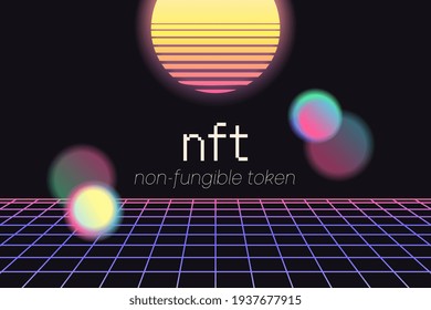 NFT non-fungible token. Vector futuristic cryptography wallpaper. Retro wave, synthwave, rave, vapor, cyber punk. Blue, black, pink purple color. Trendy vintage 80s, 90s style. Print, poster, banner