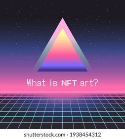 NFT non-fungible token. Vector futuristic cryptography wallpaper. Retro wave, synthwave, rave, vapor, cyber punk. Trendy vintage 80s, 90s style. Print, poster, banner. Blue, black, pink purple color