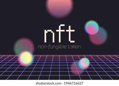 NFT non-fungible token. Vector futuristic cryptography wallpaper. Retro wave, synthwave, rave, vapor, cyber punk. Blue, black, pink purple color. Trendy vintage 80s, 90s style. Print, poster, banner