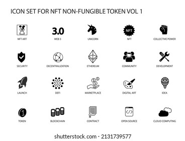 NFT Non-Fungible Token vector icon set for infographics. Contains symbols such as defi, token, decentralisation, marketplace, web3