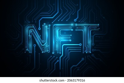 NFT nonfungible tokens concept. Abstract blue circuit lines board background. Futuristic technology high-tech digital concept