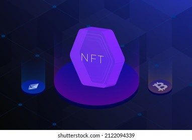 NFT - non-fungible tokens concept illustration. NFT based in blockchain technology isometric 3d vector icon