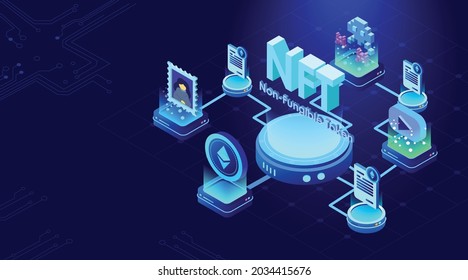 NFT Nonfungible Tokens Concept On Dark Blue Background Digital Art Files, Games, Collectibles, Music Unique Creations. . 3d Rendering Isometric NFT With 