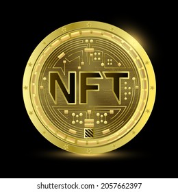 Tokens no fungibles de NFT. Símbolo de moneda de oro de criptodivisa en internet sin efectivo. Tecnología que vende objetos de arte digitales exclusivos de colección blockchain activos. Mercado de arte futuro. Concepto de arte criptográfico. Vector 3D