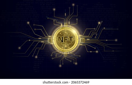 NFT nonfungible tokens. Cryptocurrency gold coin symbol on internet cashless. Technology selling unique collectibles blockchain assets digital artwork. Future art market. Crypto art concept. 3D Vector