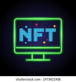 NFT Nonfungible Tokens on Computer Neon Light Glowing. Concept on Dark Blue Background