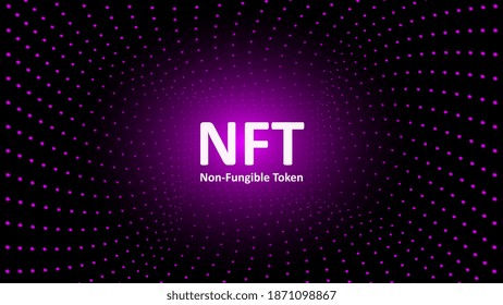 NFT nonfungible tokens text in the center of spiral of glowing dots on dark background. Pay for unique collectibles in games or art. For banner or news. Vector illustration.