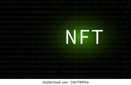 NFT nonfungible tokens text in the center of spiral of glowing dots on dark background