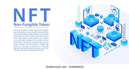 NFT Non-Fungible-Token concept as wide banner isometric illustration. 