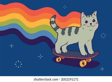 NFT nyan cat flying flying skateboard with a rainbow. Cat skater vector illustration.