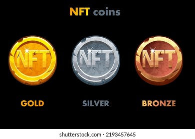 NFT old coins in different metals. Gold, silver and bronze coins. Cryptocurrency, NFT-token Internet currency of the future