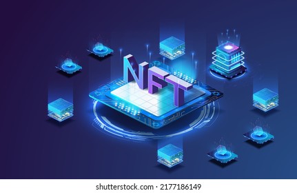 Nft on a processor chip in a future isometric style. The concept of non-interchangeable tokens. Hosting, or storage creation of exclusive NFT tokens. Vector illustration