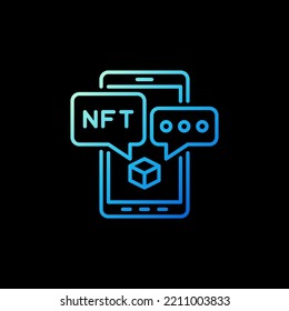 NFT on Smartphone Screen outline blue icon. Non-Fungible Token vector concept line symbol on dark background