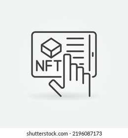 NFT auf Tablet-Bildschirm und handlineares Vektorsymbol für nicht austauschbare Token-Online-Käufe Symbol oder Logo-Element 