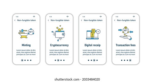 NFT onboarding mobile app screens. Non fungible token.Unique digital assets steps menu. Set of UI, UX, web template with RGB color linear icons