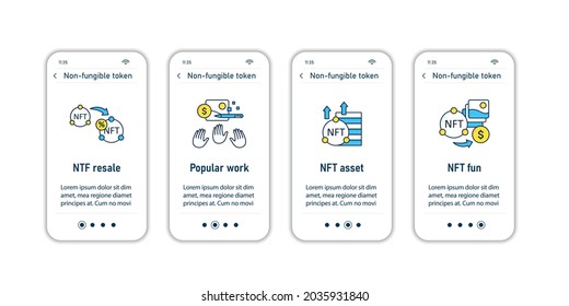 Pantallas de aplicaciones móviles de NFT. token no fungible.Menú de pasos de activos digitales únicos. Conjunto de UI, UX, plantilla web con iconos lineales de color RGB