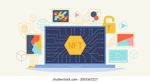 NFT online marketplace. Laptop with non-fungible token currency blockchain. Unique art. Computer and network technology for virtual trade. Crypto store. Internet deal. Vector concept