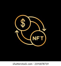 NFT Online Trading vector concept outline golden icon. Non fungible token line sign on dark background