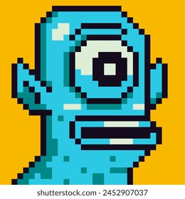 NFT pixel art character one-eyed creature 8-bit,  man, 80-s, avatar, guy face, cartoon vector icon, game user, web profile persons, social net portrait,  minimalistic style. Non-fungible token.