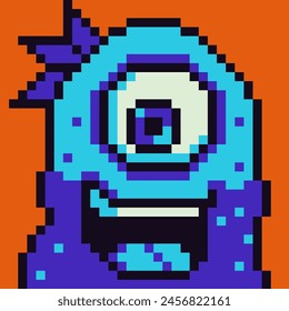 NFT pixel art character one-eyed creature 8-bit, man, 80-s, avatar, guy face, cartoon vector icon, game user, web profile persons, social net portrait, minimalistic style. Non-fungible token.