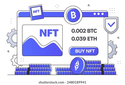 NFT platform concept. Cryptocurrency mining and exchanging. Buying pictures from bitcoins. Financial literacy and passive income. Linear flat vector illustration isolated on white background