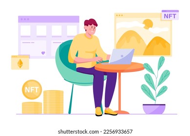 NFT purple concept with people scene in the flat cartoon design. Man digitizes various things on the Internet and earns money from it. Vector illustration.