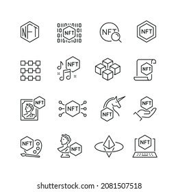 NFT related icons: thin vector icon set, black and white kit