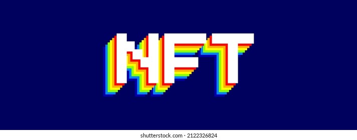 NFT Retro Typography Vector Banner. Retro Pixelated 'NFT' Non-Fungible Token Text Isolated on Dark Blue Background