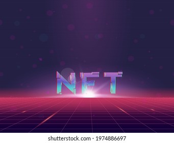 NFT rising in virtual reality. Retro style grid background with sun, rising above grid plane. Purple and pink gradients glowing and sun flares. Geometric grid horizon background.