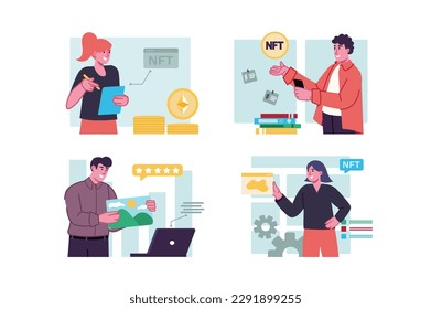 NFT set concept with people scene in the flat cartoon design. Young people are doing NFT and cryptocurrency to earn big money. Vector illustration.