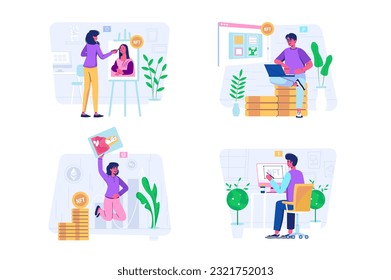 NFT set concept with people scene in the flat cartoon style. Young workers develop NFT objects and digitize them. Vector illustration.
