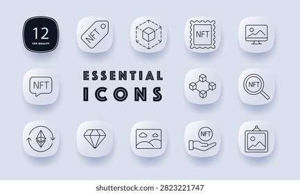NFT set icon. Digital tag, blockchain framework, collectible stamp, virtual gallery, token message, decentralized network, marketplace search, cryptocurrency exchange, gemstone rarity, landscape