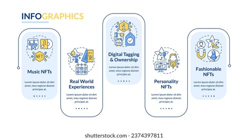 NFT space trends rectangle infographic template. Development. Data visualization with 5 steps. Editable timeline info chart. Workflow layout with line icons. Lato-Bold, Regular fonts used