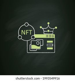 NFT supermarket chalk icon.Ability to buy non fungible tokens. Unique digital assets market. Assets exist in their own cryptosystems.Cryptocurrency concept. Isolated vector illustration on chalkboard