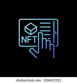 NFT and Tablet with Hand linear blue icon. Vector Non-Fungible Token Online Purchase concept line symbol on dark background 