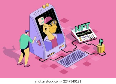 NFT technology concept in 3d isometric design. Man buying digital artworks with unique non-fungible tokens on online marketplaces. Vector isometry illustration with people scene for web graphic