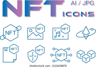 NFT technology line icon set