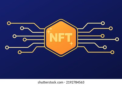 NFT technology. Non-fungible token in circuit board style. Blockchain scheme. Vector illustration, banner, flat. 