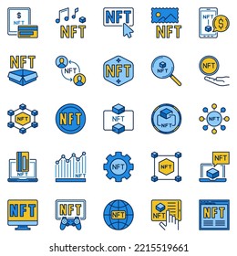 Tecnología NFT - Juego de símbolos o iconos de concepto vectorial no fungible coloreados por token