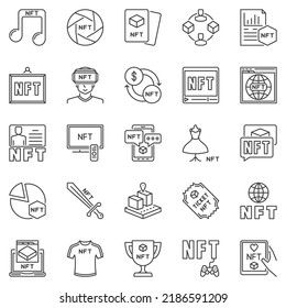 NFT Technology outline icons set. Non-Fungible Token vector concept symbols. Types of NFTs signs