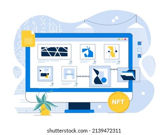 NFT technology vector illustration. Computer monitor, web page with various canvases with Non-Fungible Tokens. Selling NFT tokens for cryptocurrency. Blockchain, crypto currency. Artworks sells online