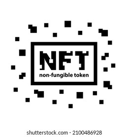 NFT text icon with frame and square pixel particles around.