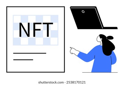 NFT text, laptop, and person pointing. Ideal for digital art, cryptocurrency, blockchain technology, online transactions, modern economics. Minimalist and clean style