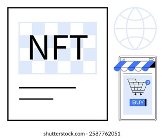 NFT text on white background with globe icon and online store smartphone. Ideal for digital assets blockchain technology online shopping e-commerce illustration fintech