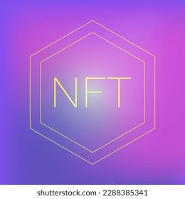 NFT text in Polygon. NFT illustration, cryptographic token. Gradient background. Collection of virtual images, artistic creation. Cryptocurrency, blockchain. Copyright fixation. Vector illustration.