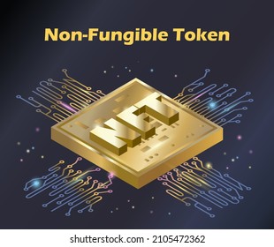 NFT theme design. Cryptographic art crypto art nft isometric composition with coin icons servers. Non-fungible token.