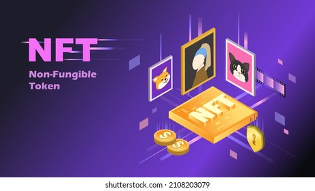 NFT theme design. Cryptographic art crypto art nft isometric composition with coin icons servers with lock and art collectors vector illustration. Non-fungible token.